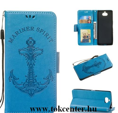 SONY Xperia 10 (L4113) Tok álló, bőr (FLIP, oldalra nyíló, asztali tartó funkció, csuklópánt, vasmacska minta) VILÁGOSKÉK	