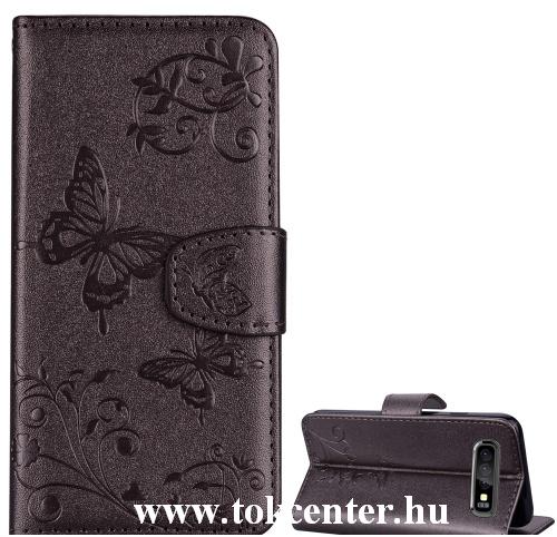SAMSUNG Galaxy S10e (SM-G970) Tok álló, bőr (FLIP, oldalra nyíló, asztali tartó funkció, tükör, pillangó minta) ARANYBARNA	