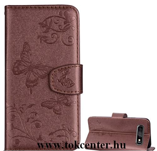 SAMSUNG Galaxy S10 Plus (SM-G975) Tok álló, bőr (FLIP, oldalra nyíló, asztali tartó funkció, tükör, pillangó minta) BARNA	