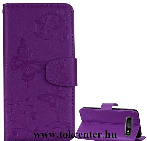 SAMSUNG Galaxy S10 Plus (SM-G975) Tok álló, bőr (FLIP, oldalra nyíló, asztali tartó funkció, tükör, pillangó minta) LILA	