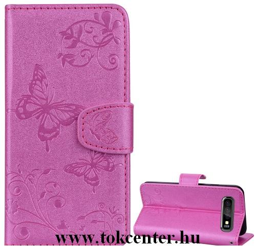 SAMSUNG Galaxy S10 (SM-G973) Tok álló, bőr (FLIP, oldalra nyíló, asztali tartó funkció, tükör, pillangó minta) RÓZSASZÍN	