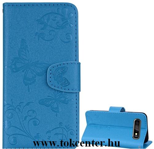 SAMSUNG Galaxy S10 Plus (SM-G975) Tok álló, bőr (FLIP, oldalra nyíló, asztali tartó funkció, tükör, pillangó minta) VILÁGOSKÉK	