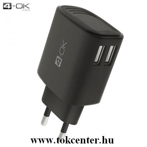 4-OK hálózati töltő 2 x USB aljzat (5V / 3400mA, gyorstöltés támogatás, microUSB kábellel, Type-C adapterrel) FEKETE	