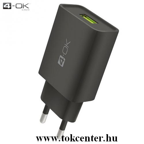 4-OK hálózati töltő USB aljzat (5V / 2400mA, gyorstöltés támogatás, microUSB kábellel, Type-C adapterrel) FEKETE	