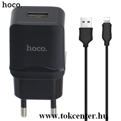 HOCO C22A hálózati töltő USB aljzat (5V / 2400mA, lightning 8 pin kábel) FEKETE	