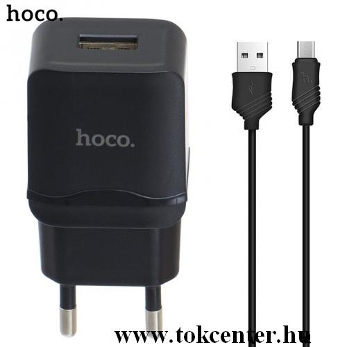 HOCO C22A hálózati töltő USB aljzat (5V / 2400mA, microUSB kábel) FEKETE	