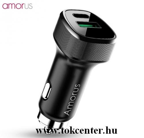 AMORUS szivargyújtó töltő / autós töltő 2 x USB aljzat (1x 5V/3000 mA, 1x 12V/2000mA, 36W, Type-C) FEKETE	