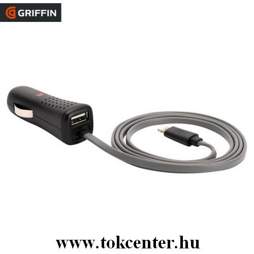 GRIFFIN POWERJOLT szivargyújtó töltő/autós töltő 2 x USB aljzat (5V/2400mA, lightning 8 pin kábel) FEKETE	