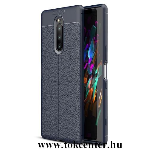 SONY Xperia 1 Telefonvédő gumi / szilikon (közepesen ütésálló, bőrhatás, varrás minta) SÖTÉTKÉK	