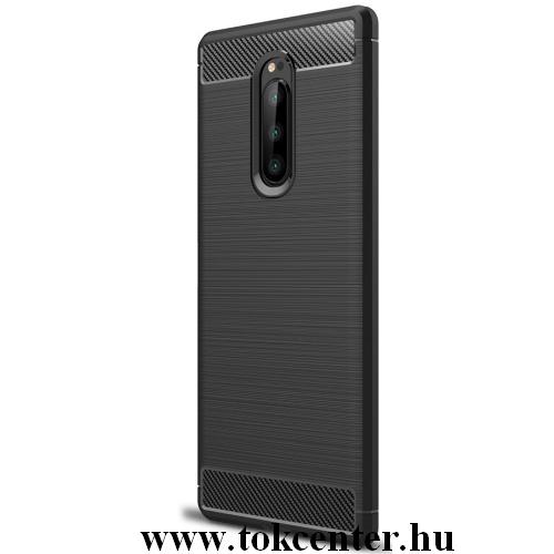 SONY Xperia 1 Telefonvédő gumi / szilikon (közepesen ütésálló, légpárnás sarok, szálcsiszolt, karbonminta) FEKETE	