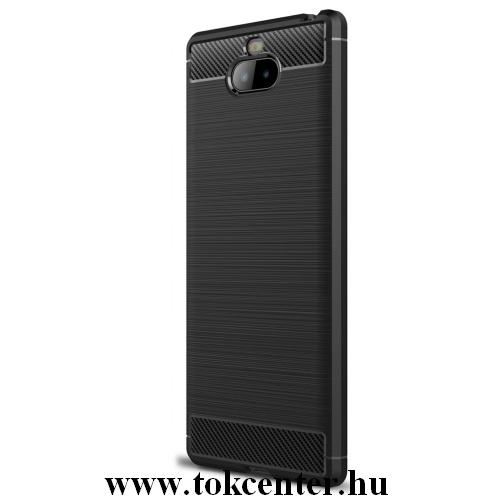 SONY Xperia 10 Plus (L4213) Telefonvédő gumi / szilikon (közepesen ütésálló, légpárnás sarok, szálcsiszolt, karbonminta) FEKETE	