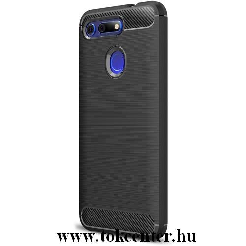 HUAWEI Honor View 20 Telefonvédő gumi / szilikon (közepesen ütésálló, légpárnás sarok, szálcsiszolt, karbonminta) FEKETE	