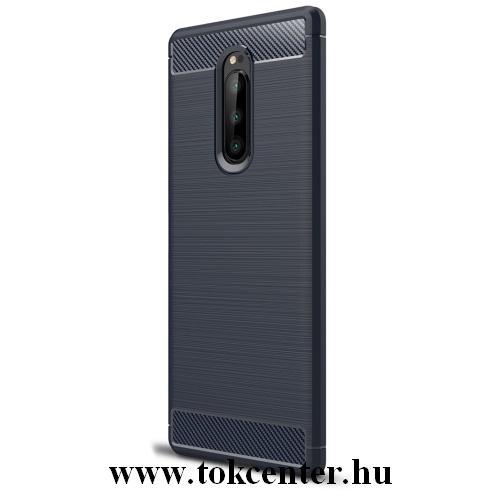 SONY Xperia 1 Telefonvédő gumi / szilikon (közepesen ütésálló, légpárnás sarok, szálcsiszolt, karbonminta) SÖTÉTKÉK	