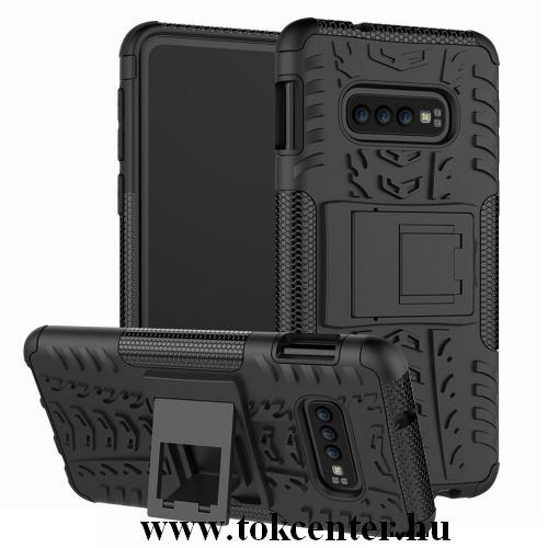 SAMSUNG Galaxy S10e (SM-G970) Defender műanyag telefonvédő (közepesen ütésálló, gumi / szilikon belső, kitámasztó, autógumi minta) FEKETE	