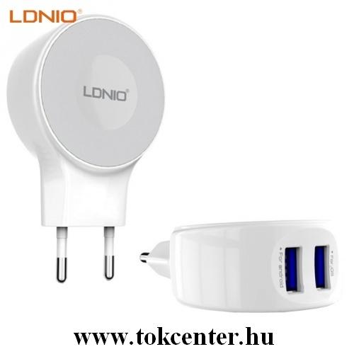 LDNIO hálózati töltő 2 x USB aljzat (5V / 2100mA, microUSB kábel) FEHÉR