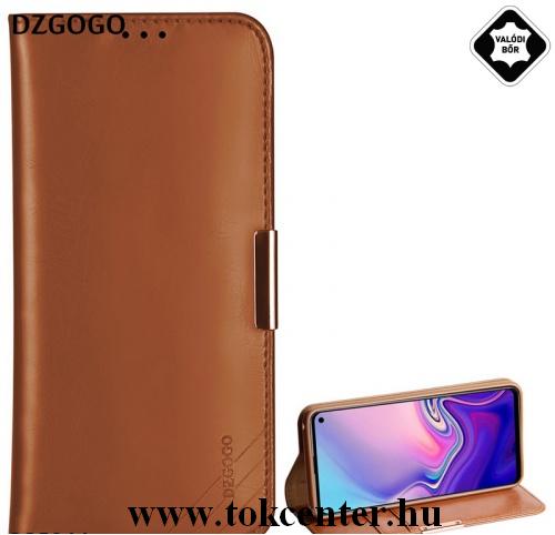 SAMSUNG Galaxy S10 Plus (SM-G975) DZGOGO ROYALE II tok álló, valódi bőr (aktív flip, oldalra nyíló, bankkártya tartó) BARNA	
