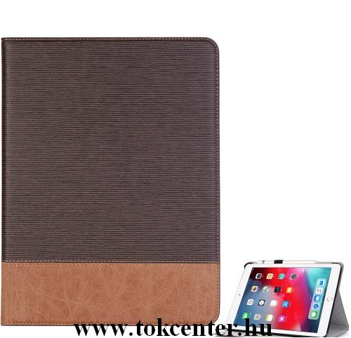 APPLE IPAD Pro 12.9 (2018) Tok álló, bőr (aktív flip, oldalra nyíló, asztali tartó funkció, textilminta) SÖTÉTBARNA	
