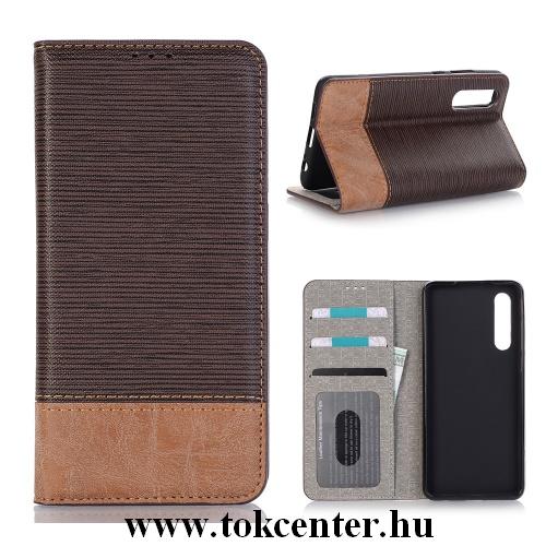 HUAWEI P30 Tok álló, bőr (FLIP, oldalra nyíló, asztali tartó funkció, bankkártya tartó, textilminta) BARNA	