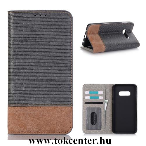 SAMSUNG Galaxy S10 (SM-G973) Tok álló, bőr (FLIP, oldalra nyíló, asztali tartó funkció, bankkártya tartó, textilminta) SZÜRKE	