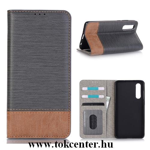 HUAWEI P30 Tok álló, bőr (FLIP, oldalra nyíló, asztali tartó funkció, bankkártya tartó, textilminta) SZÜRKE	