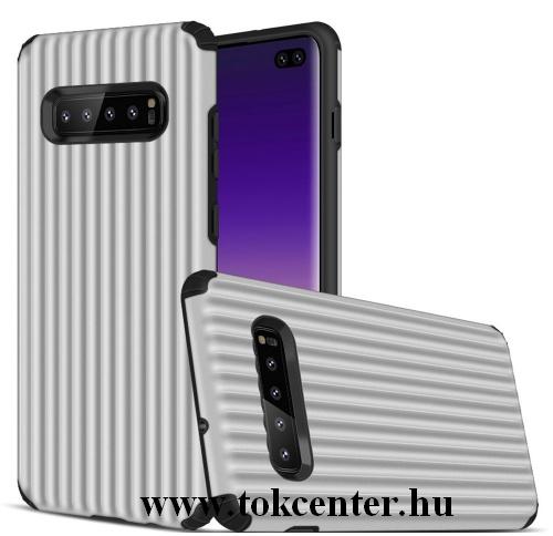 SAMSUNG Galaxy S10 Plus (SM-G975) Műanyag telefonvédő (gumi / szilikon belső, közepesen ütésálló, csíkos, domborminta) EZÜST	