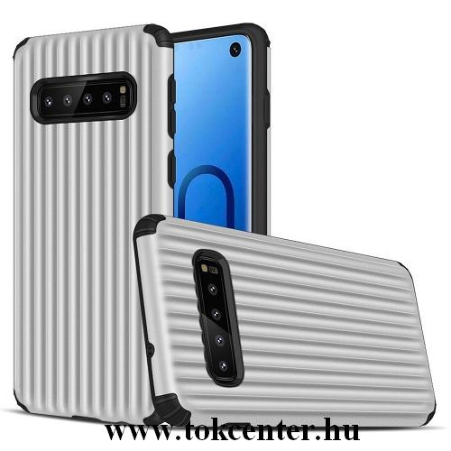 SAMSUNG Galaxy S10 (SM-G973) Műanyag telefonvédő (gumi / szilikon belső, közepesen ütésálló, csíkos, domborminta) EZÜST	