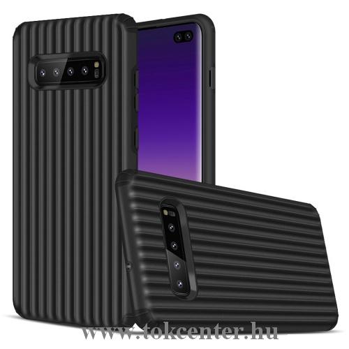 SAMSUNG Galaxy S10 Plus (SM-G975) Műanyag telefonvédő (gumi / szilikon belső, közepesen ütésálló, csíkos, domborminta) FEKETE	