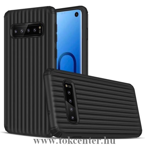 SAMSUNG Galaxy S10 (SM-G973) Műanyag telefonvédő (gumi / szilikon belső, közepesen ütésálló, csíkos, domborminta) FEKETE	