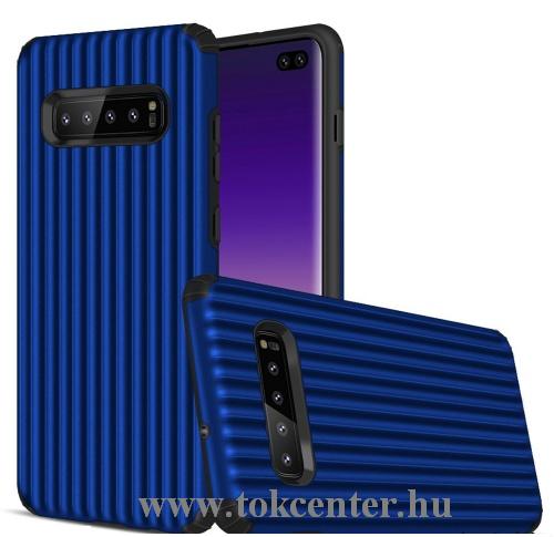 SAMSUNG Galaxy S10 Plus (SM-G975) Műanyag telefonvédő (gumi / szilikon belső, közepesen ütésálló, csíkos, domborminta) KÉK	