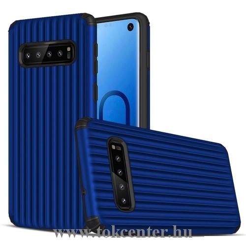 SAMSUNG Galaxy S10 (SM-G973) Műanyag telefonvédő (gumi / szilikon belső, közepesen ütésálló, csíkos, domborminta) KÉK	