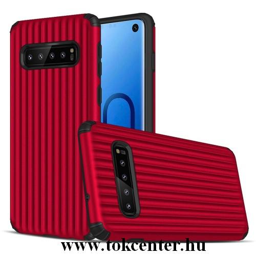 SAMSUNG Galaxy S10 (SM-G973) Műanyag telefonvédő (gumi / szilikon belső, közepesen ütésálló, csíkos, domborminta) PIROS	