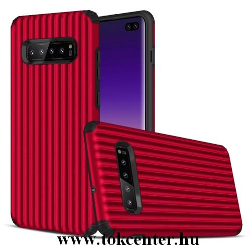 SAMSUNG Galaxy S10 Plus (SM-G975) Műanyag telefonvédő (gumi / szilikon belső, közepesen ütésálló, csíkos, domborminta) PIROS	