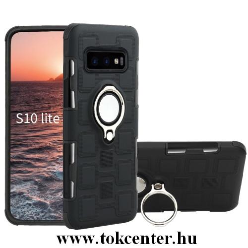 SAMSUNG Galaxy S10e (SM-G970) Műanyag telefonvédő (gumi / szilikon belső, közepesen ütésálló, telefontartó gyűrű, beépített fémlemez) FEKETE	