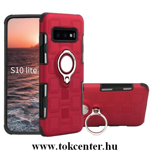 SAMSUNG Galaxy S10e (SM-G970) Műanyag telefonvédő (gumi / szilikon belső, közepesen ütésálló, telefontartó gyűrű, beépített fémlemez) PIROS	