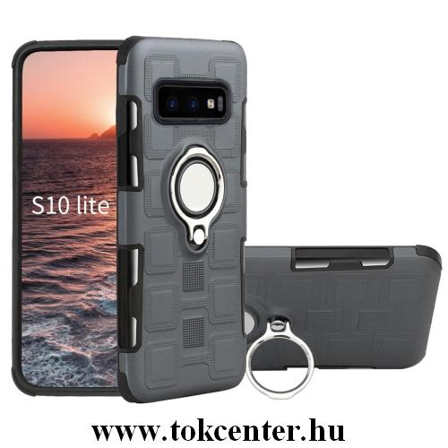 SAMSUNG Galaxy S10e (SM-G970) Műanyag telefonvédő (gumi / szilikon belső, közepesen ütésálló, telefontartó gyűrű, beépített fémlemez) SZÜRKE	