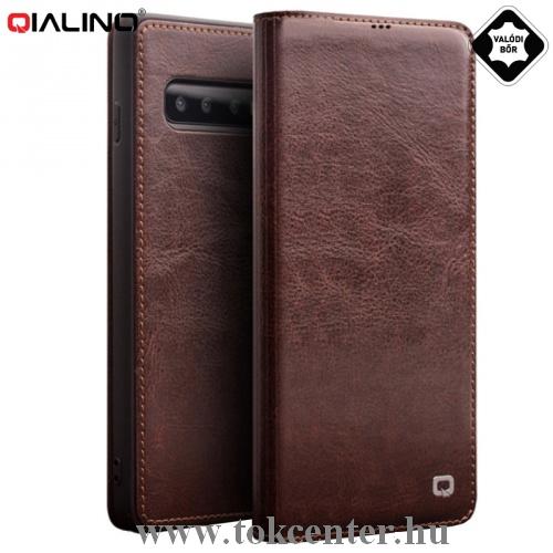 SAMSUNG Galaxy S10 Plus (SM-G975) QIALINO tok álló, valódi bőr (FLIP, oldalra nyíló) BARNA	