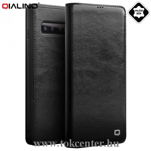 SAMSUNG Galaxy S10 Plus (SM-G975) QIALINO tok álló, valódi bőr (FLIP, oldalra nyíló) FEKETE	