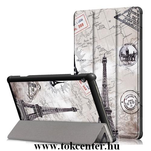 Lenovo Tab M10 (TB-X605F) / Lenovo Tab M10 HD (TB-X505F) Tok álló, bőr (FLIP, TRIFOLD asztali tartó funkció, Eiffel torony, térképminta) SZÜRKE	