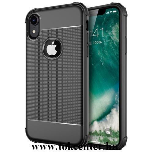 APPLE IPhone XR 6.1 Telefonvédő gumi / szilikon (közepesen ütésálló, légpárnás sarok, rácsminta) FEKETE	