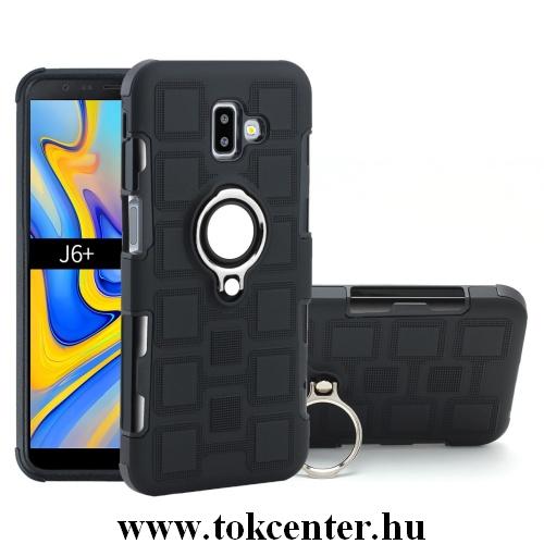 SAMSUNG Galaxy J6 Plus (J610F) Műanyag telefonvédő (gumi / szilikon belső, közepesen ütésálló, telefontartó gyűrű, beépített fémlemez) FEKETE	