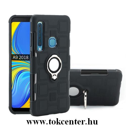 SAMSUNG Galaxy A9 (2018) SM-A920 Műanyag telefonvédő (gumi / szilikon belső, közepesen ütésálló, telefontartó gyűrű, beépített fémlemez) FEKETE	