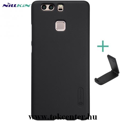 HUAWEI P9 NILLKIN SUPER FROSTED műanyag telefonvédő (gumírozott, érdes felület + asztali tartó) FEKETE	