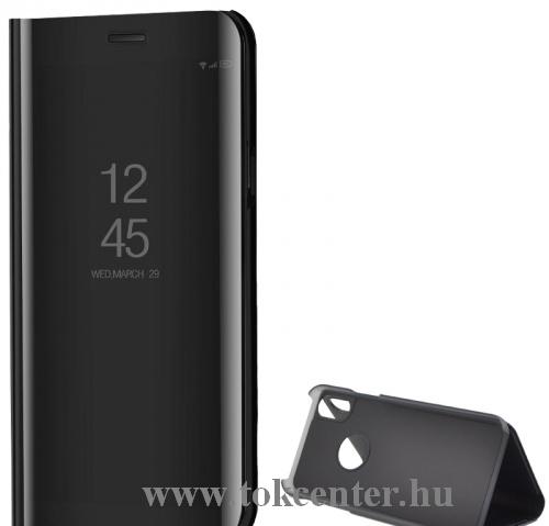Apple iPhone X 5.8 / Apple iPhone XS 5.8 Tok álló (FLIP, oldalra nyíló, asztali tartó funkció, tükrös felület, Mirror View Case, logo kivágás) FEKETE
