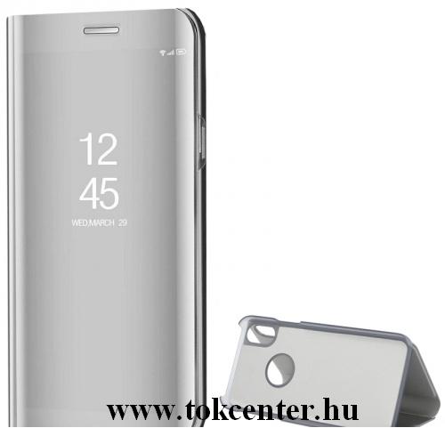 Apple iPhone X 5.8 / Apple iPhone XS 5.8 Tok álló (FLIP, oldalra nyíló, asztali tartó funkció, tükrös felület, Mirror View Case, logo kivágás) EZÜST