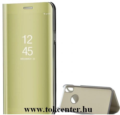 APPLE IPhone X 5.8 / APPLE IPhone XS 5.8 Tok álló (FLIP, oldalra nyíló, asztali tartó funkció, tükrös felület, Mirror View Case, logo kivágás) ARANY