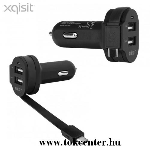 XQISIT szivargyújtó töltő/autós töltő 2 x USB aljzat (5V/1000mA, 5V/2400mA, 12/24V, beépített Type-C kábel) FEKETE	