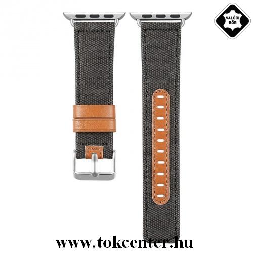 Apple Watch 1 / 2 / 3 / 4 / 5 42mm / 44mm Pótszíj (textil, valódi bőr) SÖTÉTSZÜRKE 