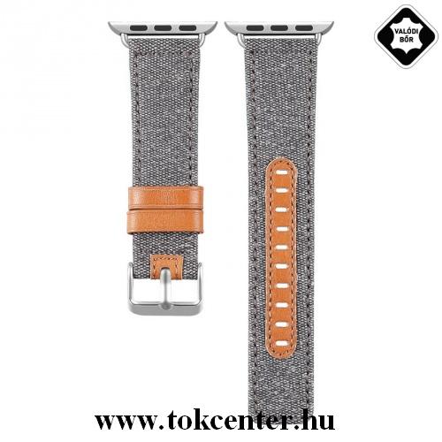 Apple Watch 1 / 2 / 3 / 4 / 5 42mm / 44mm Pótszíj (textil, valódi bőr) SZÜRKE 