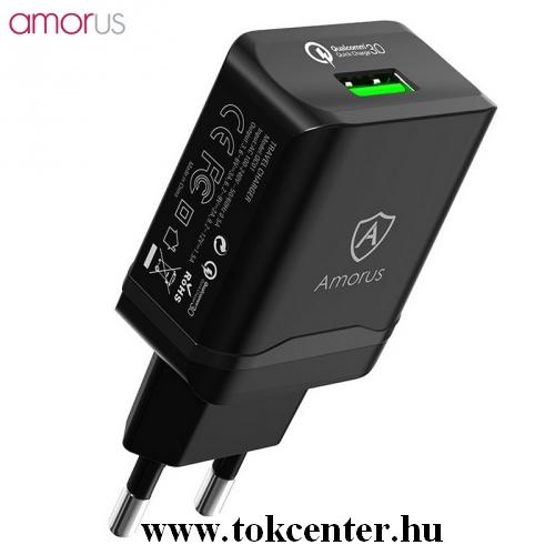 AMORUS hálózati töltő USB aljzat (5V / 3000mA, gyorstöltés támogatás, gyorstöltés támogatás, kábel nélkül) FEKETE	