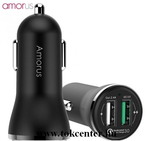 AMORUS szivargyújtó töltő / autós töltő 2 x USB aljzat (1x 12V/1500 mA, 1x 5V/2400mA, gyorstöltés, kábel nélkül) FEKETE	
